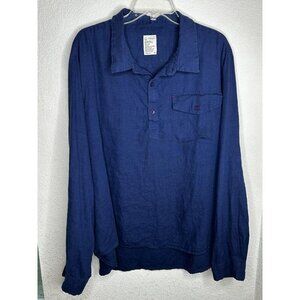 For Days Shirt Mens 2XL Blue Linen Henley Popover Long Sleeve Elbow Patch Casual